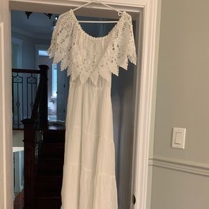 White off the shoulder maxi dress with crochet.